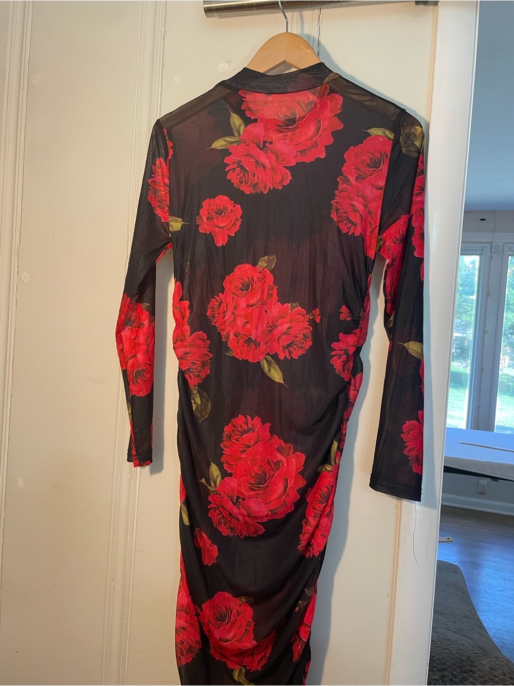 🔥 Sexy Sheer Black & Red Rose Mesh Bodycon Midi Dress